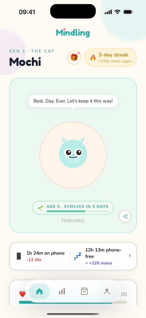 Mindling home screen with a thriving mascot