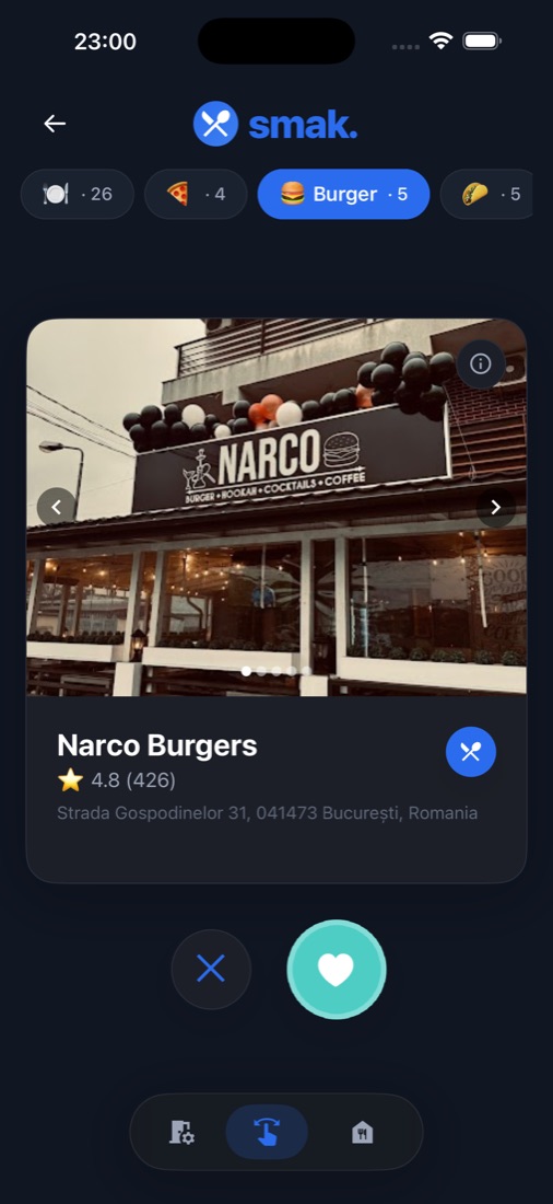Smak swipe screen showing a restaurant card
